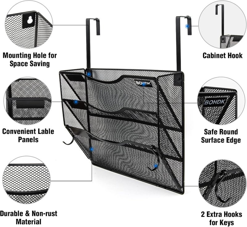 BOHDK Wall File Organizer, 3 Tire Hanging File Folder Mail Organizer, Vertical Mesh Metal Door/Wall Mount Hanging File Holder, Paper Document Magazine Rack with Hooks for Home Office Black - Image 2